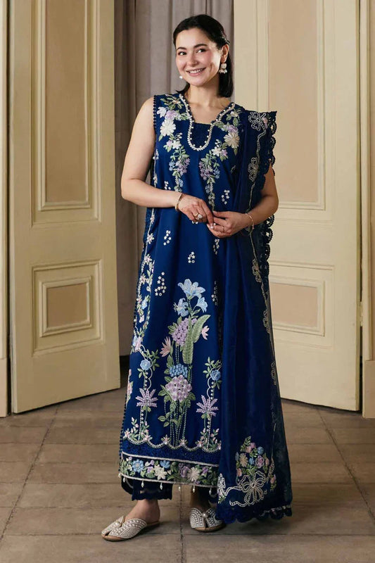 MARYAM HUSSAIN-3PC LAWN EMBROIDERED SHIRT WITH KHADDI NET EMB DUPATTA AND TROUSER-UR-4588