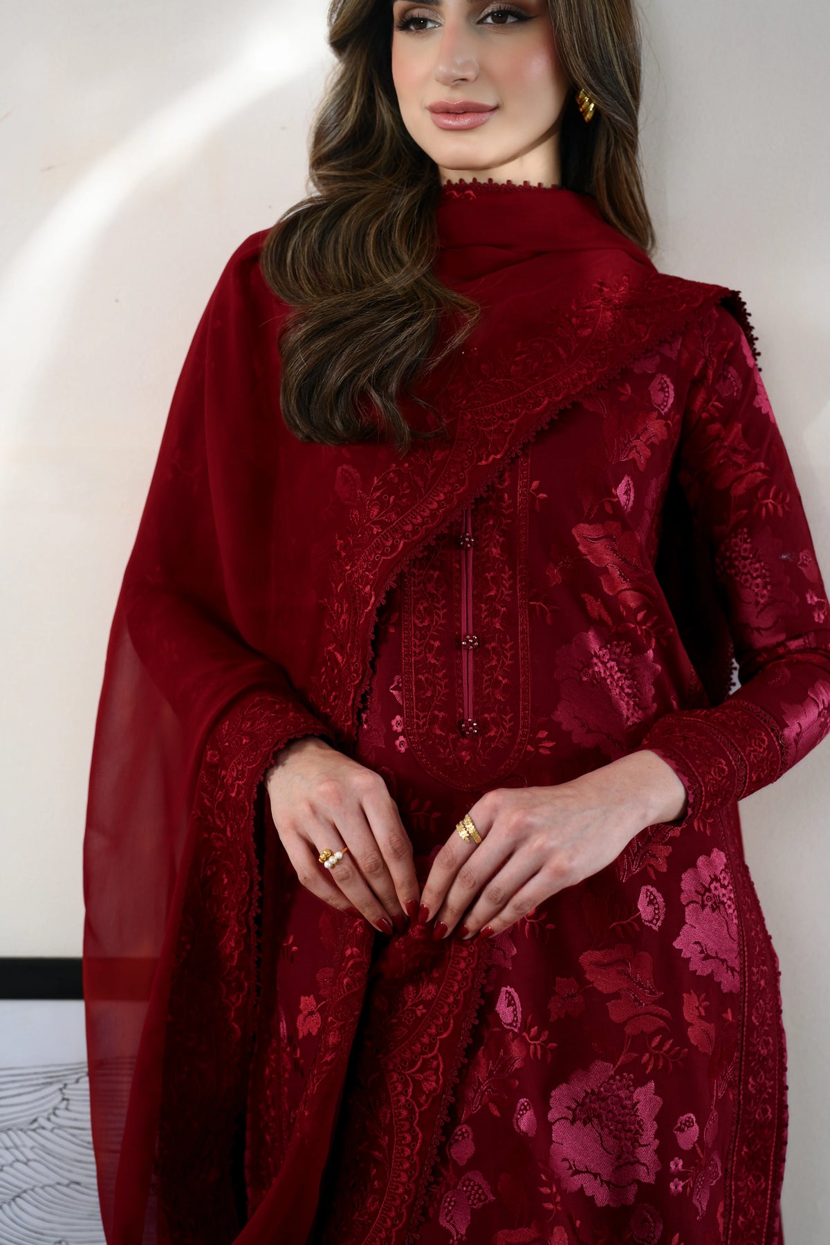 ZAIB-3PC DHANAK EMBROIDERED SHIRT WITH DHANAK EMBROIDERED SHAWL AND TROUSER-UR-4610