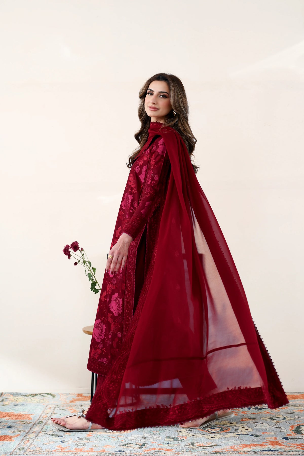 ZAIB-3PC DHANAK EMBROIDERED SHIRT WITH DHANAK EMBROIDERED SHAWL AND TROUSER-UR-4610