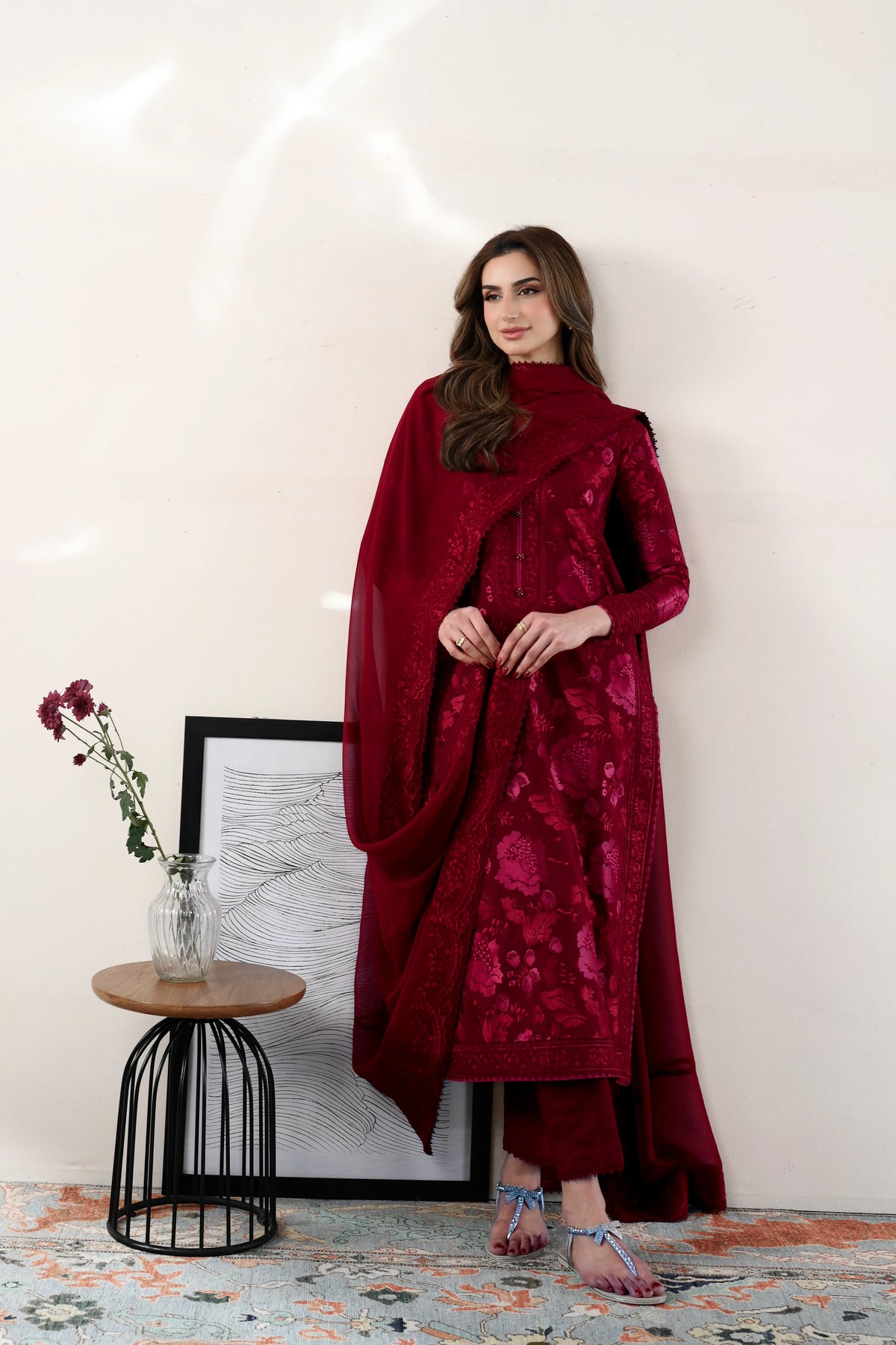 ZAIB-3PC DHANAK EMBROIDERED SHIRT WITH DHANAK EMBROIDERED SHAWL AND TROUSER-UR-4610