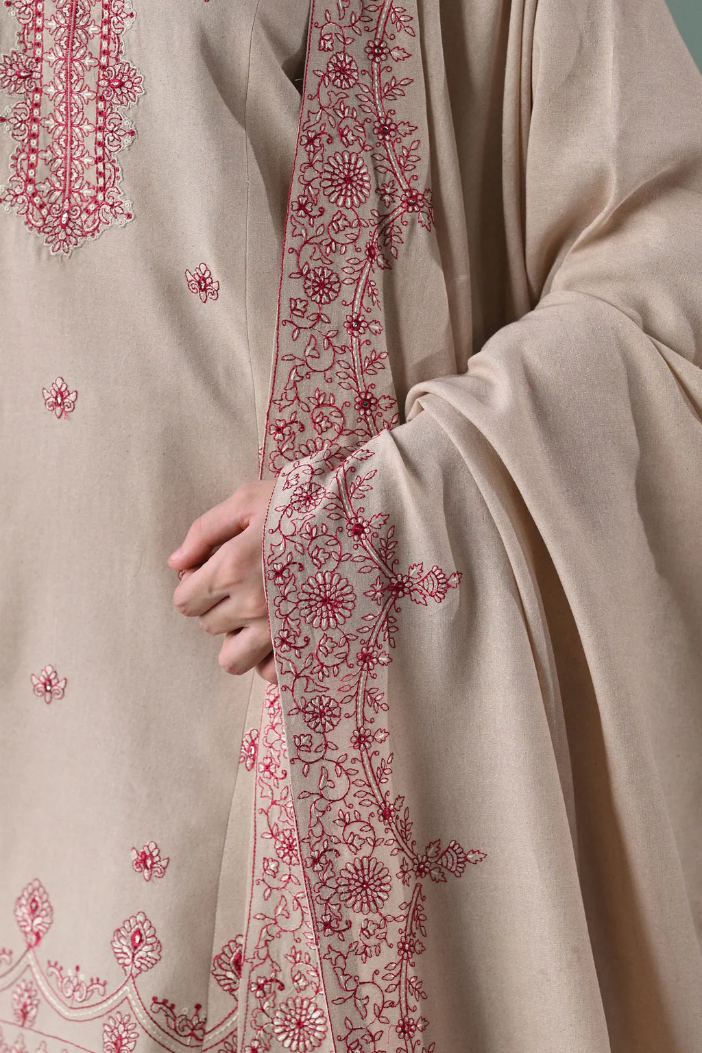 BATIK-3PC DHANAK EMBROIDERED SHIRT WITH DHANAK EMBROIDERED SHAWL AND TROUSER-UR-4077