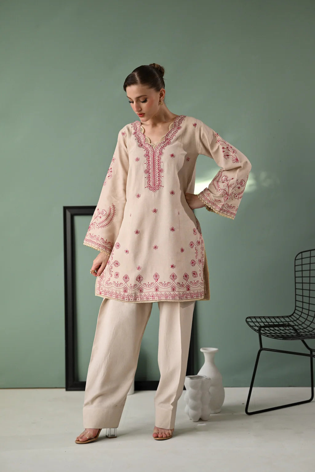 BATIK-3PC DHANAK EMBROIDERED SHIRT WITH DHANAK EMBROIDERED SHAWL AND TROUSER-UR-4077