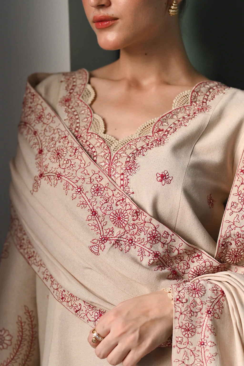 BATIK-3PC DHANAK EMBROIDERED SHIRT WITH DHANAK EMBROIDERED SHAWL AND TROUSER-UR-4077