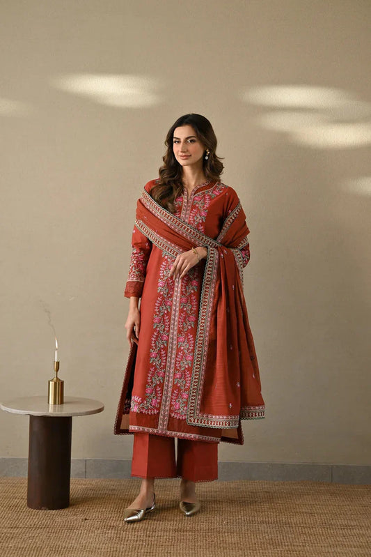 ZAIB-3PC DHANAK EMBROIDERED SHIRT WITH DHANAK EMBROIDERED SHAWL AND TROUSER-UR-4568