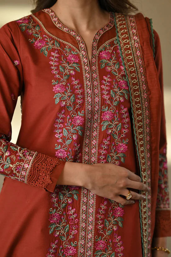 ZAIB-3PC DHANAK EMBROIDERED SHIRT WITH DHANAK EMBROIDERED SHAWL AND TROUSER-UR-4568