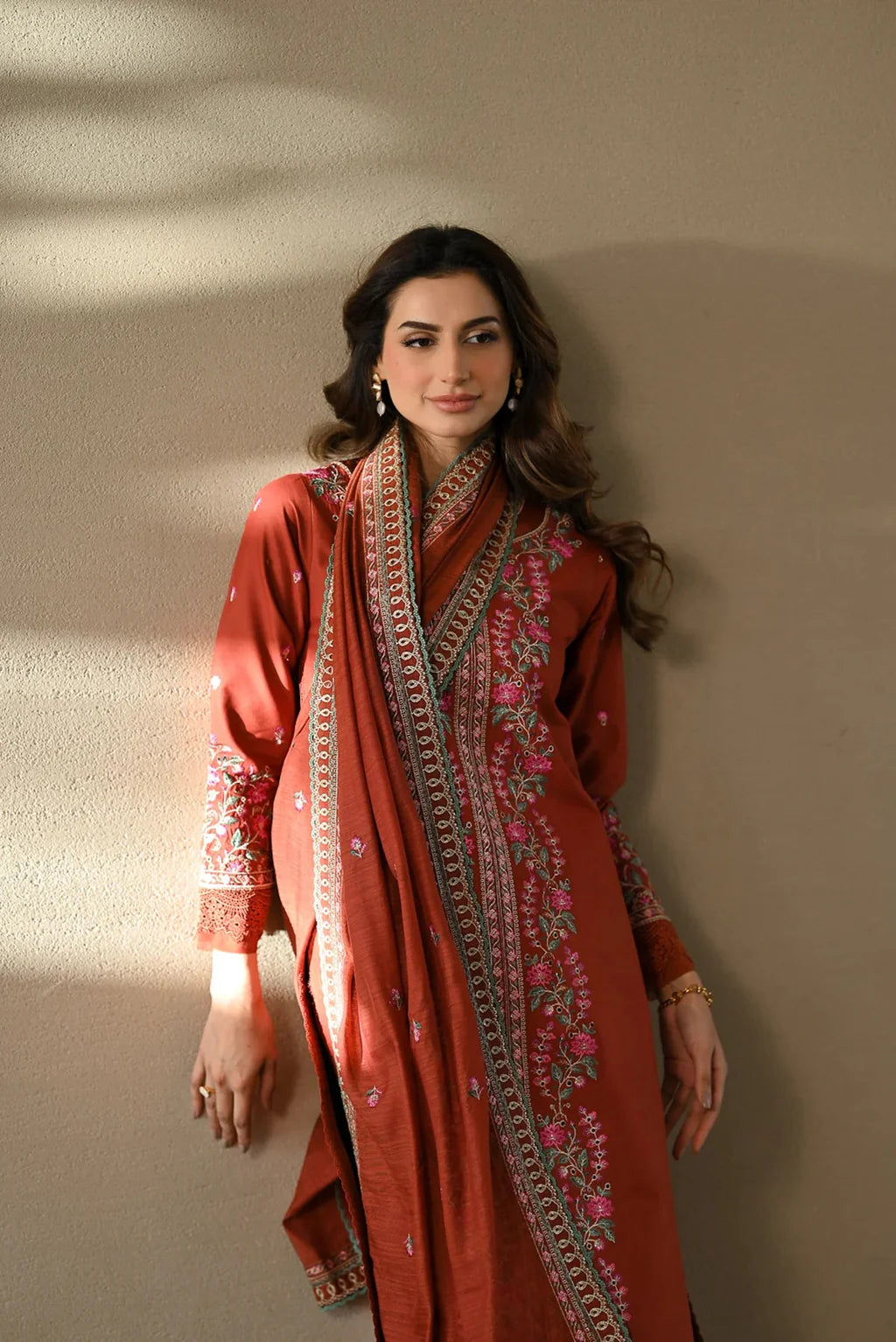 ZAIB-3PC DHANAK EMBROIDERED SHIRT WITH DHANAK EMBROIDERED SHAWL AND TROUSER-UR-4568