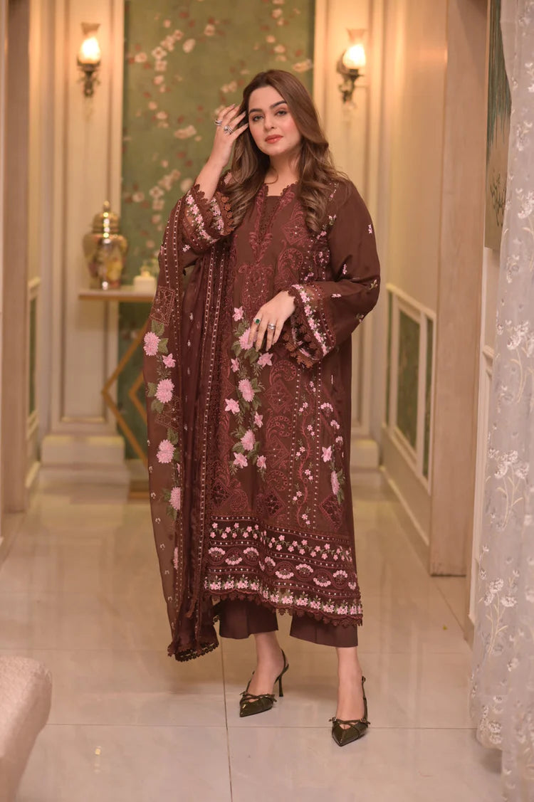 ANEELAS-3PC LAWN CHIKAN EMBROIDERED SHIRT WITH LAWN EMB DUPATTA AND TROUSERUR-UR-4567