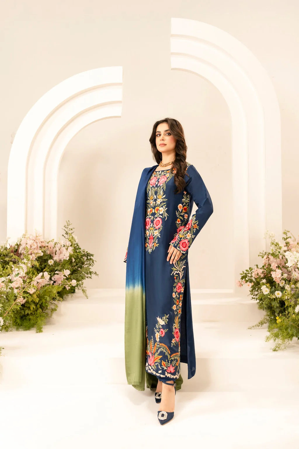 MIRANA-3PC LAWN EMBROIDERED SHIRT WITH CHIFFON TYE & DYE DUPATTA & TROUSER-UR-3546