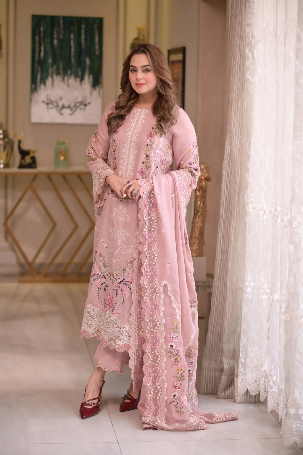 ANEELAS-3PC LAWN CHIKAN EMBROIDERED SHIRT WITH LAWN EMB DUPATTA AND TROUSER-UR-3631