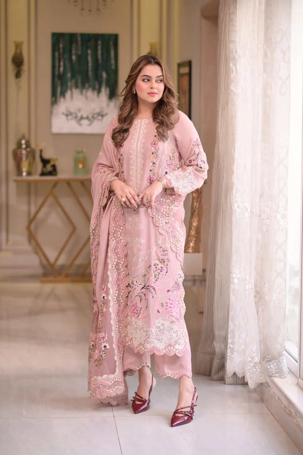 ANEELAS-3PC LAWN CHIKAN EMBROIDERED SHIRT WITH LAWN EMB DUPATTA AND TROUSER-UR-3631
