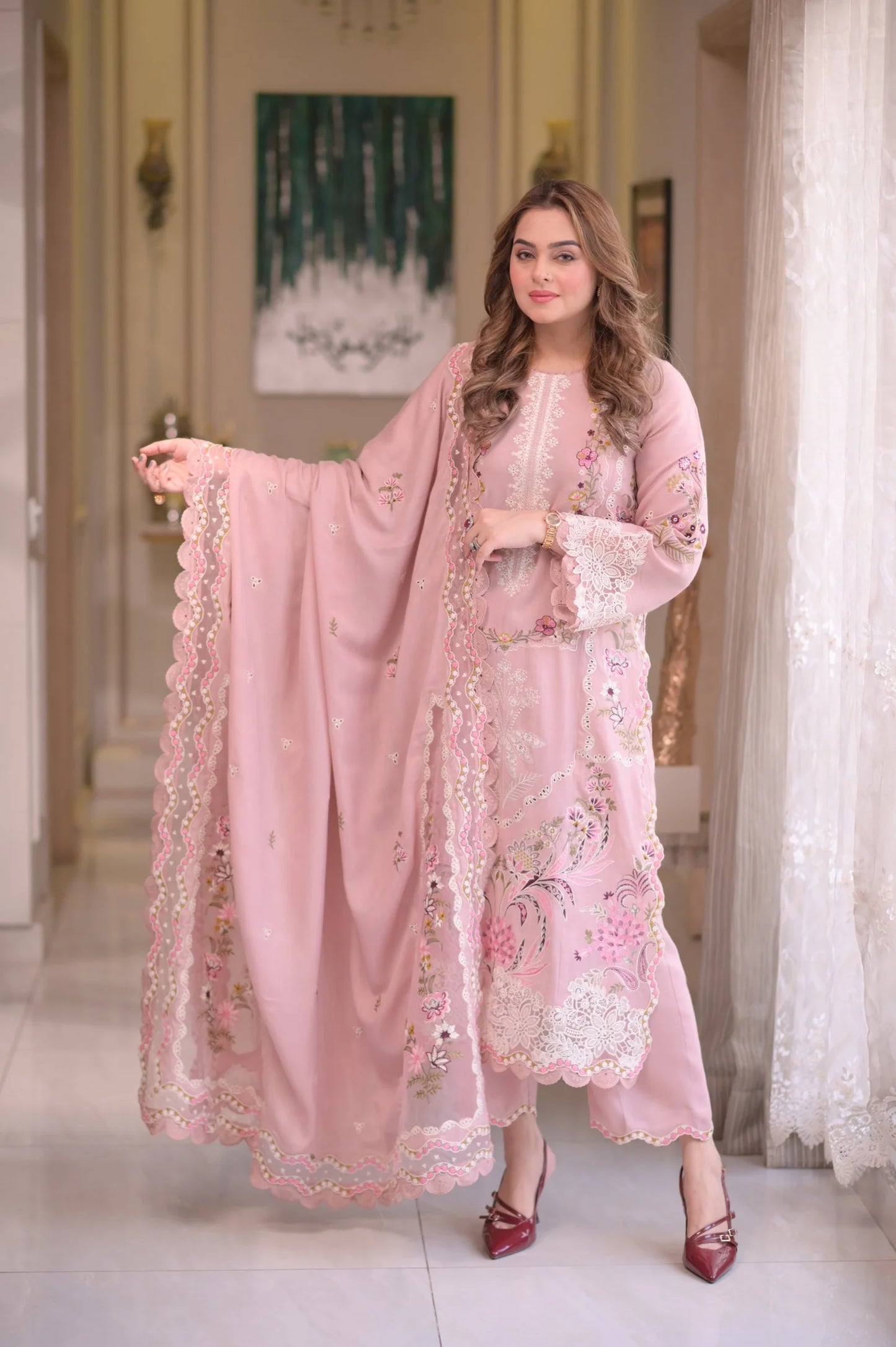 ANEELAS-3PC LAWN CHIKAN EMBROIDERED SHIRT WITH LAWN EMB DUPATTA AND TROUSER-UR-3631