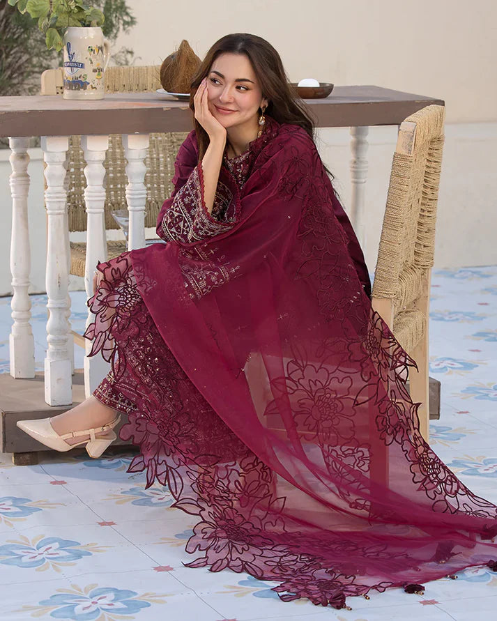 QALAMQAR-3PC LAWN EMBROIDERED SHIRT WITH ORGANZA EMBROIDERED DUAPATTA AND TROUSER-2927