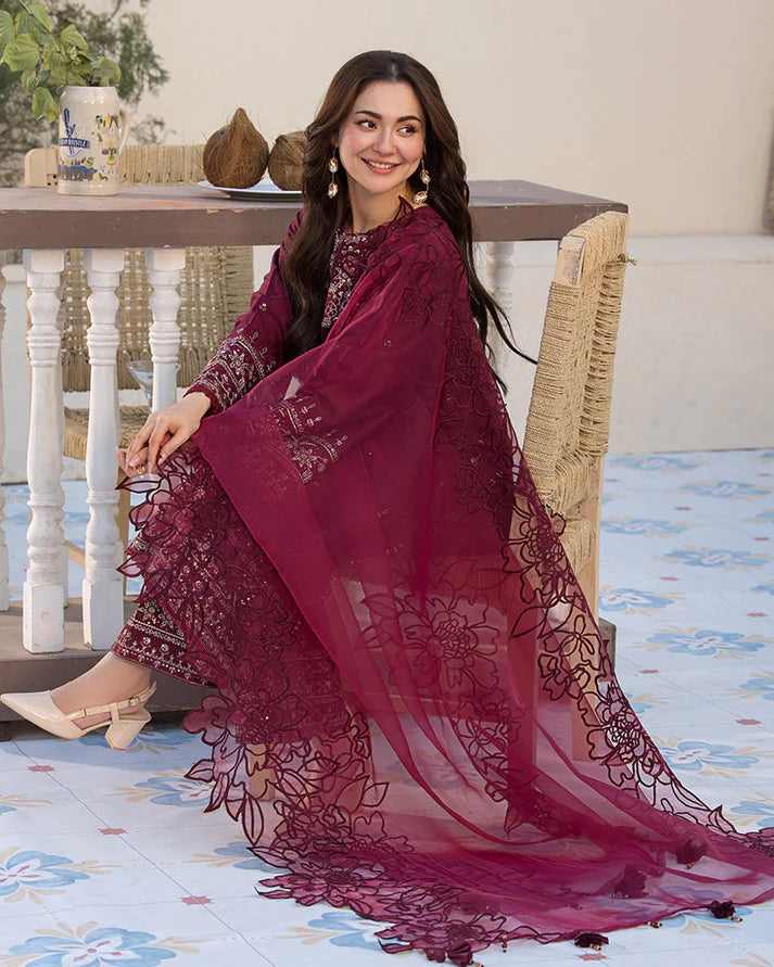 QALAMQAR-3PC LAWN EMBROIDERED SHIRT WITH ORGANZA EMBROIDERED DUAPATTA AND TROUSER-2927