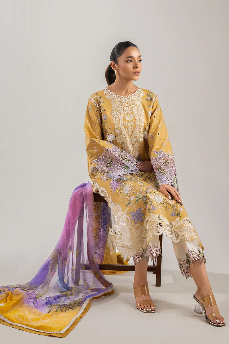 MUSHQ-3PC LAWN CHIKAN EMBROIDERED SHIRT WITH CHIFFON PRINTED DUPATTA & EMB TROUSER-UR-3528