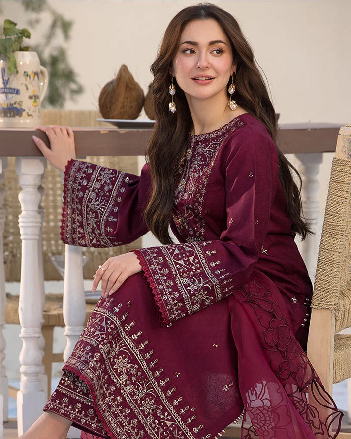 QALAMQAR-3PC LAWN EMBROIDERED SHIRT WITH ORGANZA EMBROIDERED DUAPATTA AND TROUSER-2927
