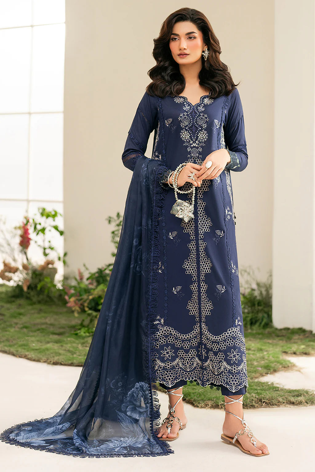 IZNIK-3PC DHANAK CHIKAN EMBROIDERED SHIRT WITH COURTRAI PRINTED SHAWL AND EMB TROUSER-UR-4056