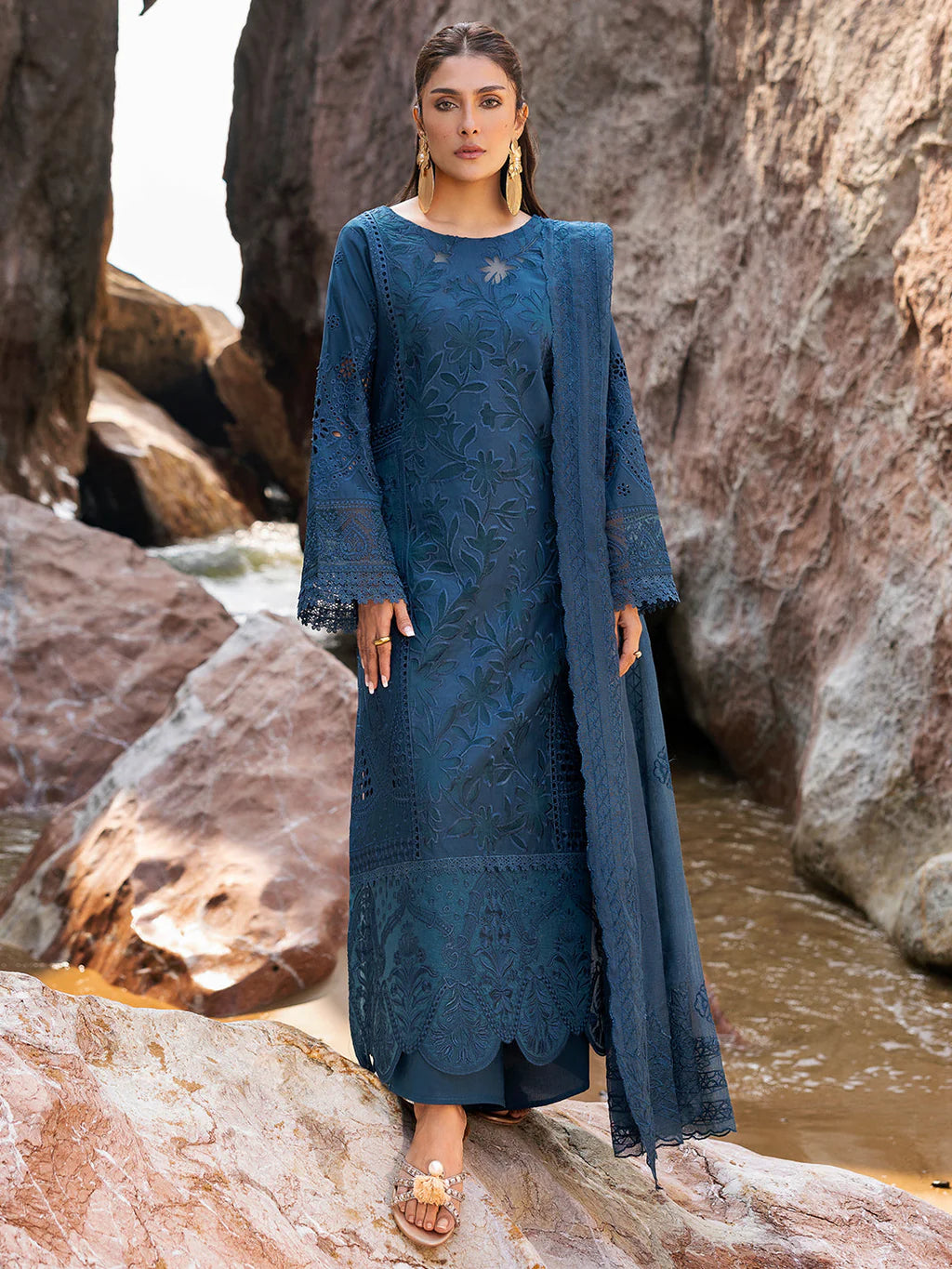 RANG RASIYA-3PC LAWN LASER WORK EMBROIDERED SHIRT WITH KHAADI NET EMBROIDERED DUPATTA AND TROUSER-UR-3612