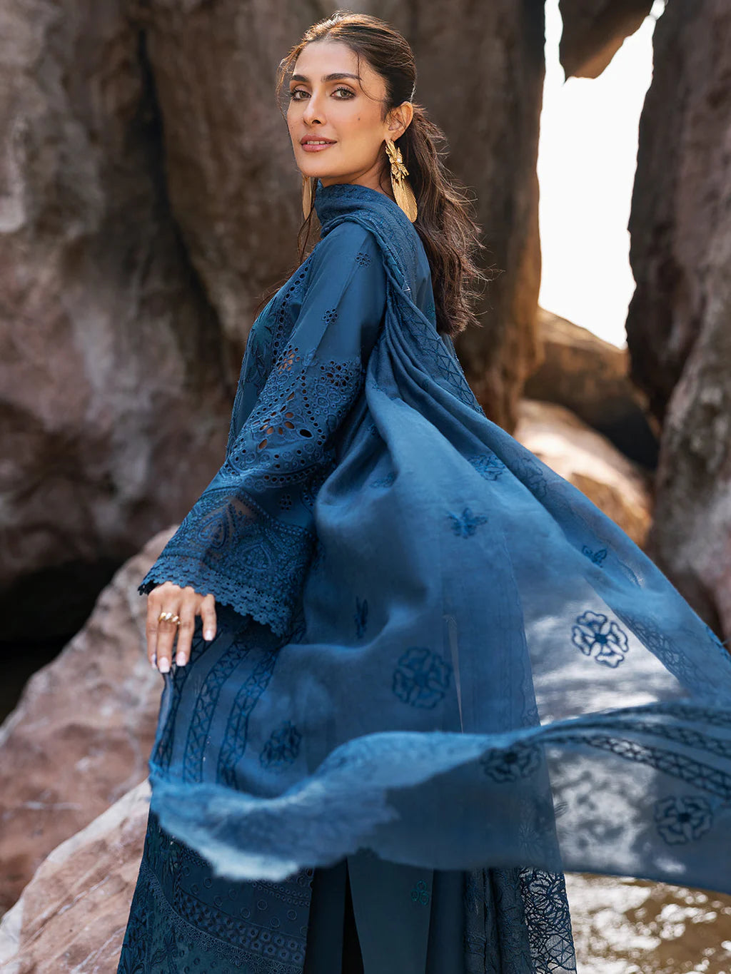 RANG RASIYA-3PC LAWN LASER WORK EMBROIDERED SHIRT WITH KHAADI NET EMBROIDERED DUPATTA AND TROUSER-UR-3612