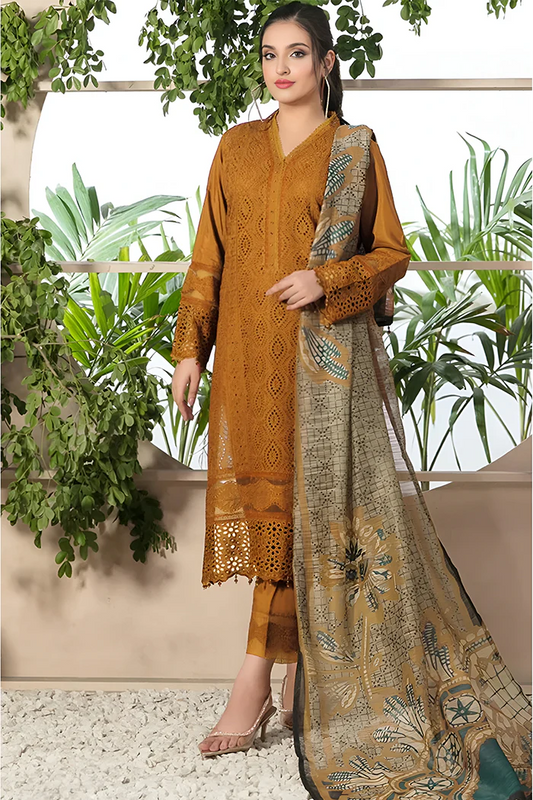 ZAINAB CHOTANI-3PC CHIKENKARI LAWN EMBROIDERED SHIRT WITH MONARK PRINT DUPATTA & TROUSER-UR-2582- MUSTERD