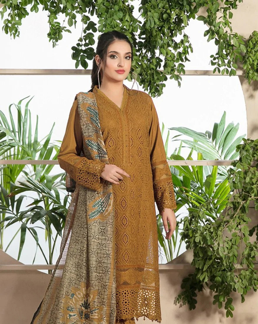 ZAINAB CHOTANI-3PC CHIKENKARI LAWN EMBROIDERED SHIRT WITH MONARK PRINT DUPATTA & TROUSER-UR-2582- MUSTERD