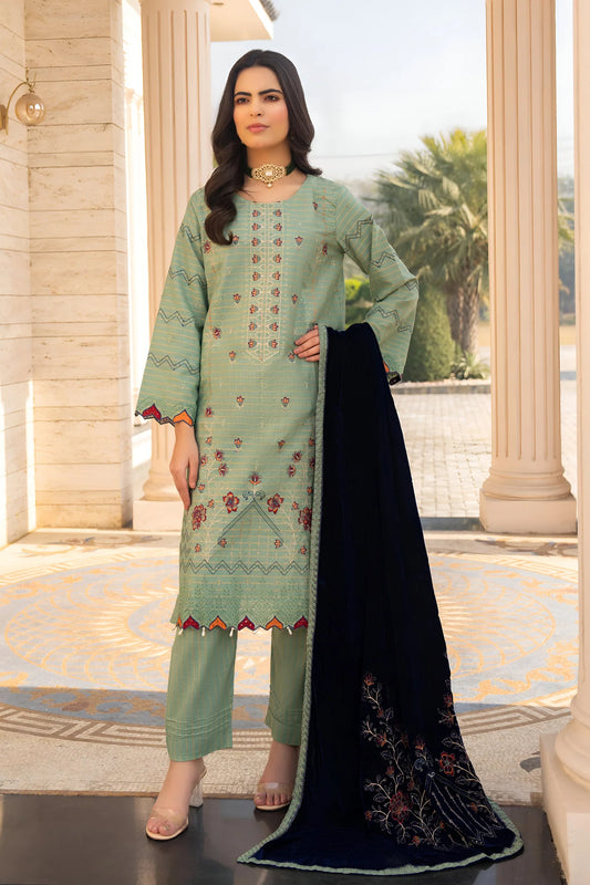 TANA BANA-3PC KHADDAR EMBROIDERED SHIRT WITH VELVET EMBROIDERED READY TO WEAR SHAWL-TBF-1004