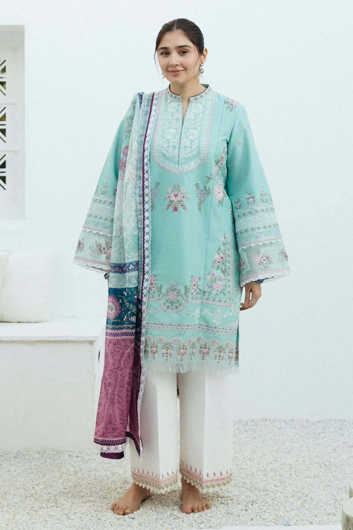 ZAHRA SHAHJAHAN- 3PC LAWN EMBROIDERED SHIRT WITH MONARK PRINT DUPATTA-UR-2569