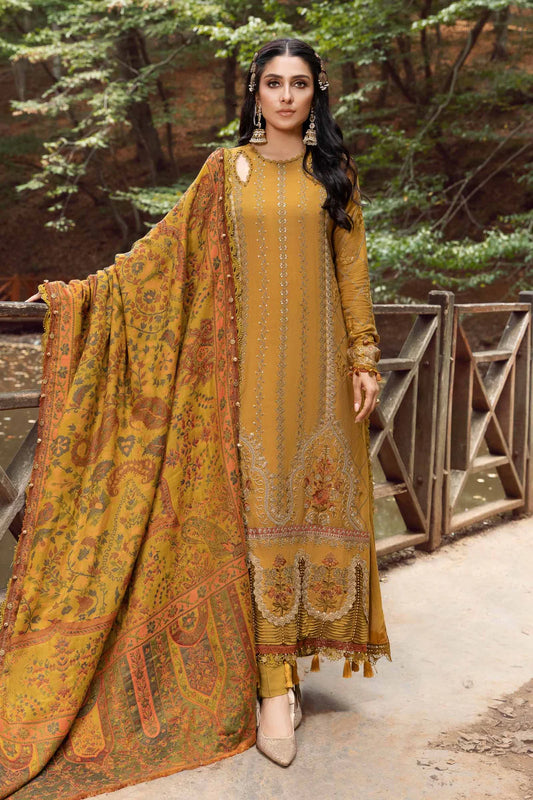 MARIA.B-3PC KARANDI EMBROIDERED SHIRT WITH COURTRAI PRINTED SHAWL AND TROUSER-UR-4062