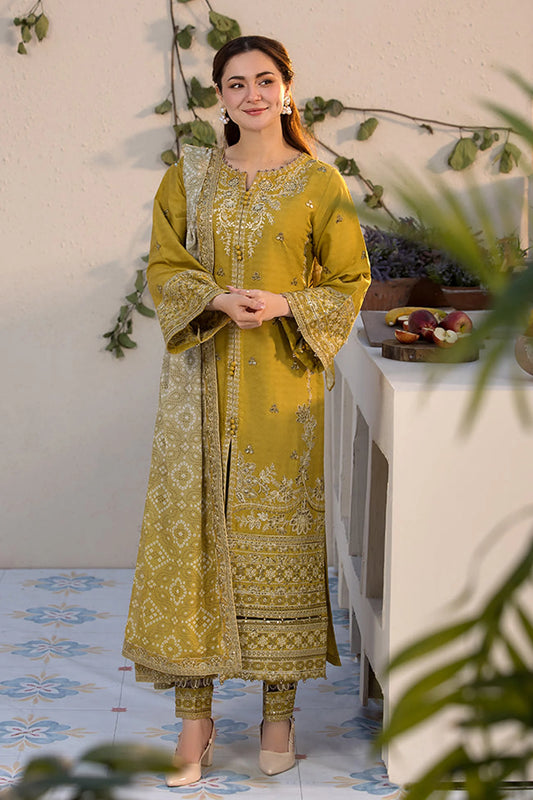 JADE-3PC LAWN EMBROIDERED SHIRT WITH MONARK PRINT DUPATTA & TROUSER-UR-3233