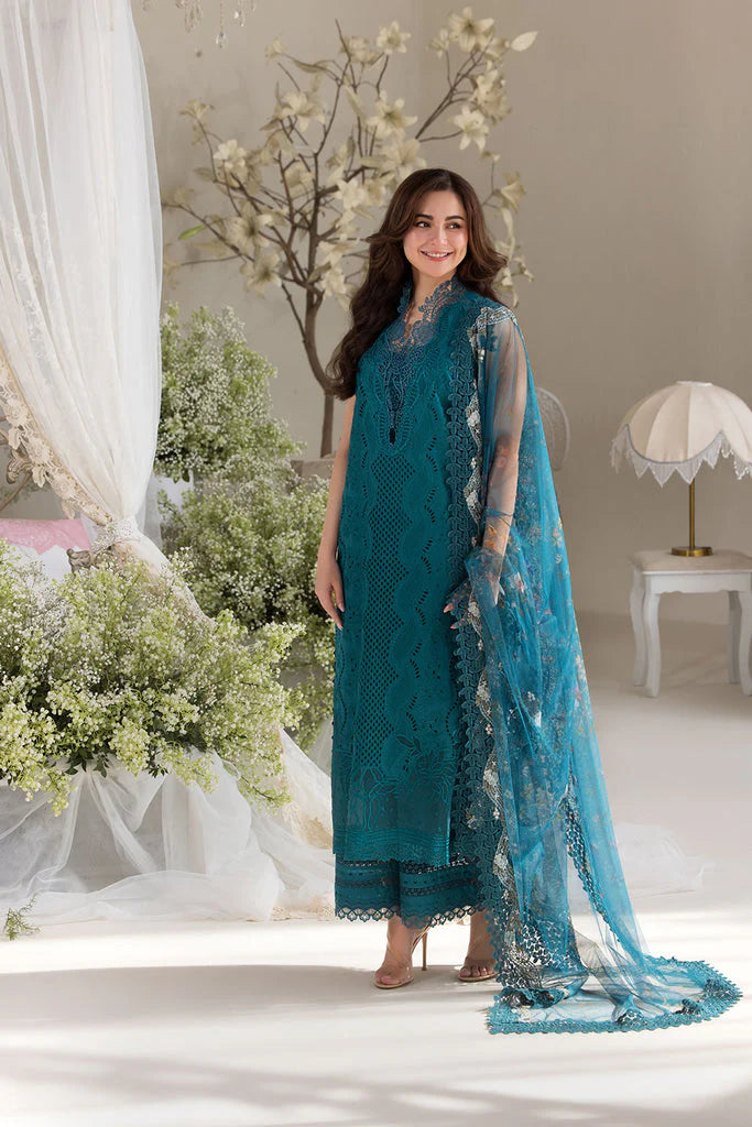 SOBIA NAZIR-3PC LAWN LASERCUT EMBROIDERED SHIRT WITH COTTON NET EMBROIDERED PRINT DUPATTA AND TROUSER-UR-2806