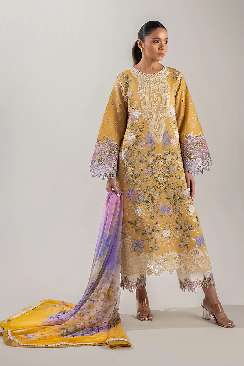 MUSHQ-3PC LAWN CHIKAN EMBROIDERED SHIRT WITH CHIFFON PRINTED DUPATTA & EMB TROUSER-UR-3528