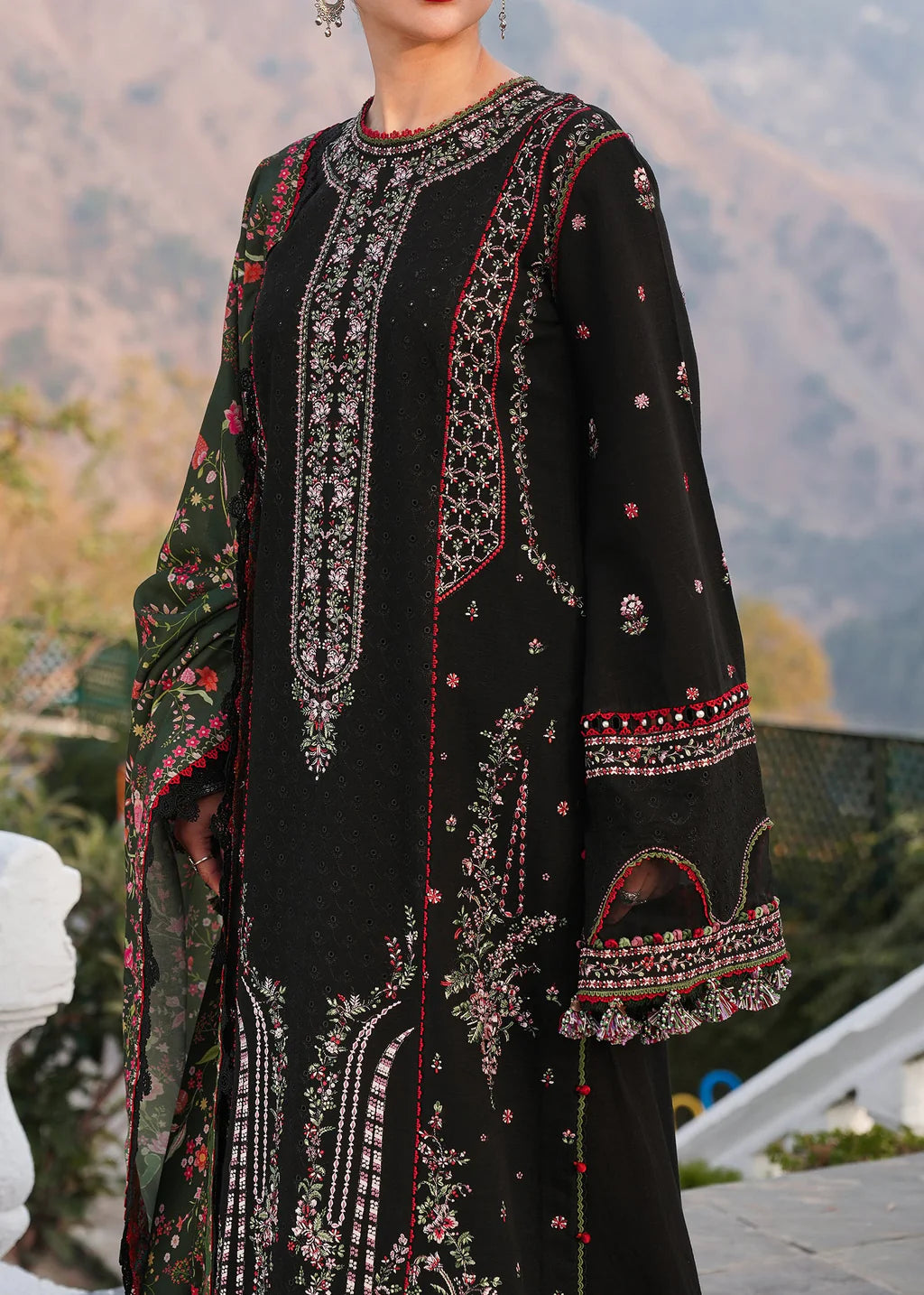 HUSSAIN REHAR-3PC KARANDI EMBROIDERED SHIRT WITH COURTRAI PRINTED SHAWL AND TROUSER-UR-4093