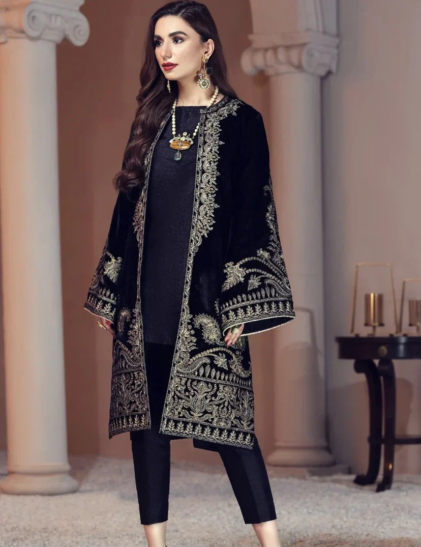 BAROUQUE-VELVET 2PC- EMBROIDERED WORK SHIRT WITH SILK INNER AND SILK TROUSER-TANA-1004-MICRO VELVET