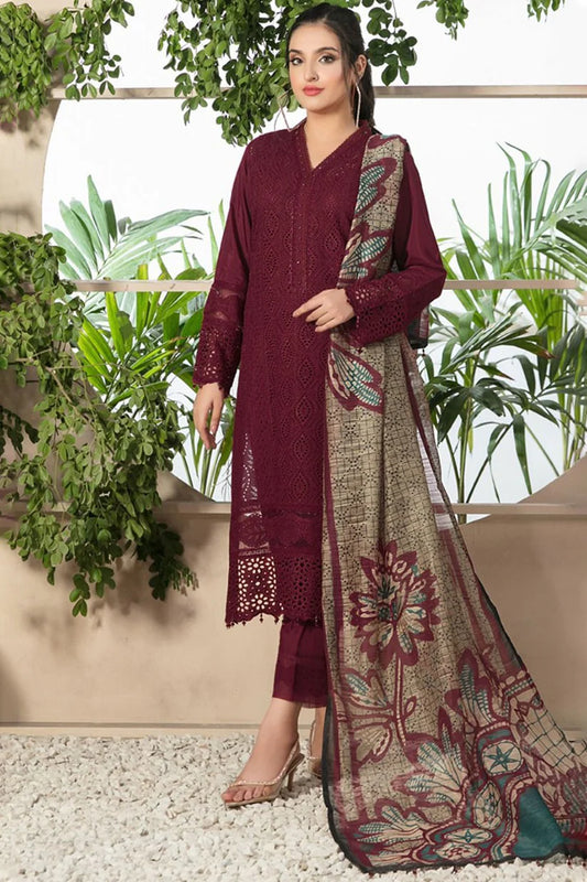 ZAINAB CHOTANI-3PC CHIKENKARI LAWN EMBROIDERED SHIRT WITH MONARK PRINT DUPATTA & TROUSER-UR-2582 MEHROON