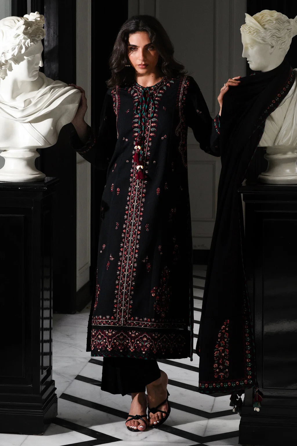 ZAIB-3PC DHANAK EMBROIDERED SHIRT WITH DHANAK EMBROIDERED SHAWL AND TROUSER-UR-4050