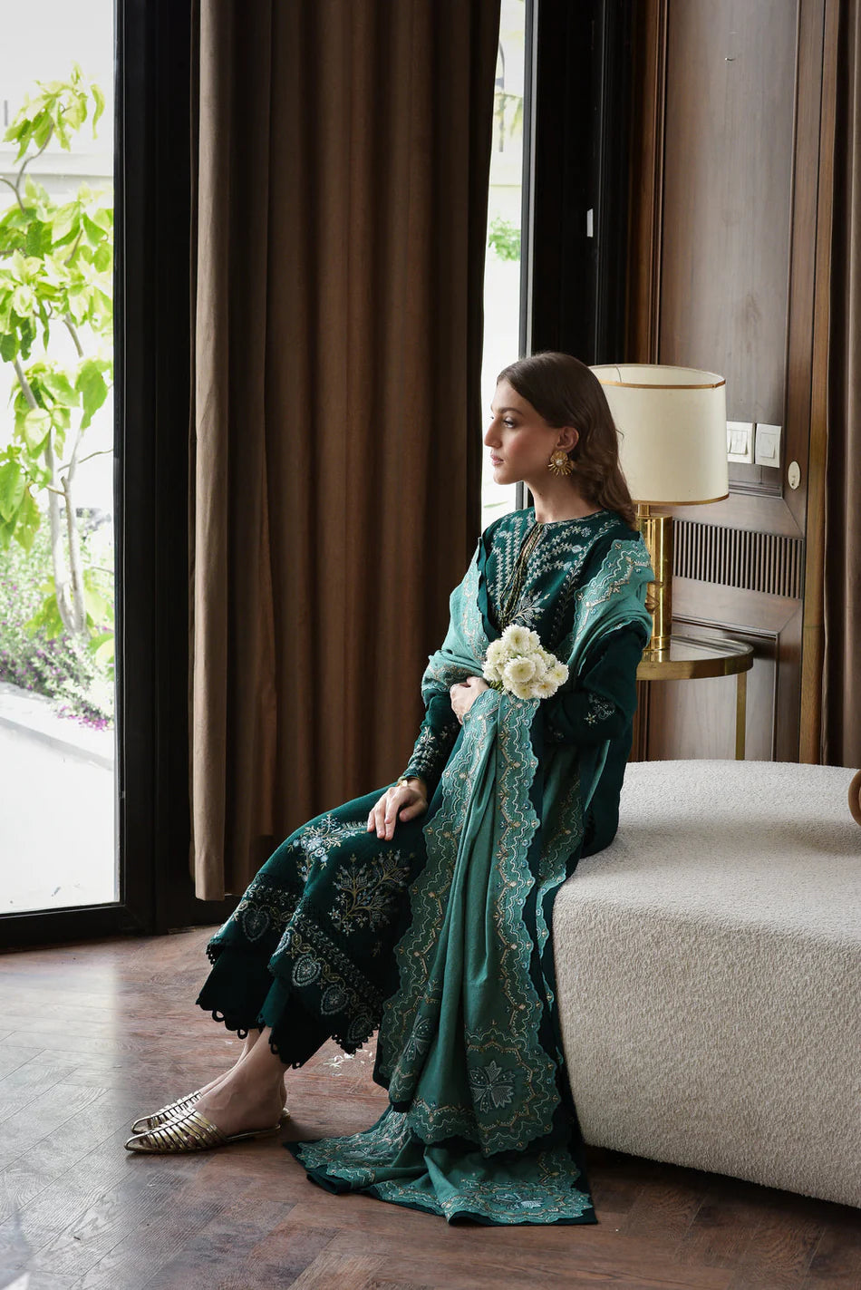 BATIK-3PC KARANDI EMBROIDERED SHIRT WITH DHANAK EMBROIDERED SHAWL AND TROUSER-UR-4086