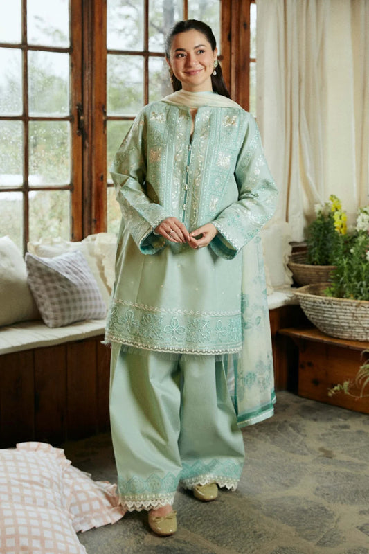 ZAHRA SHAHJAHAN- 3PC KAWN EMBROIDERED SHIRT WITH MONARK PRINT DUPATTA & TROUSER-UR-2526