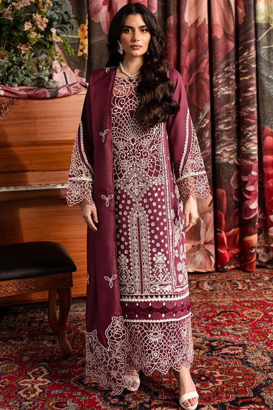 QALAMQAR-3PC CHIKANKAARI LAWN CUTWORK EMBROIDERED SHIRT WITH LAWN EMBROIDERED CUTWORK DUPATTA AND TROUSER-UR-2611