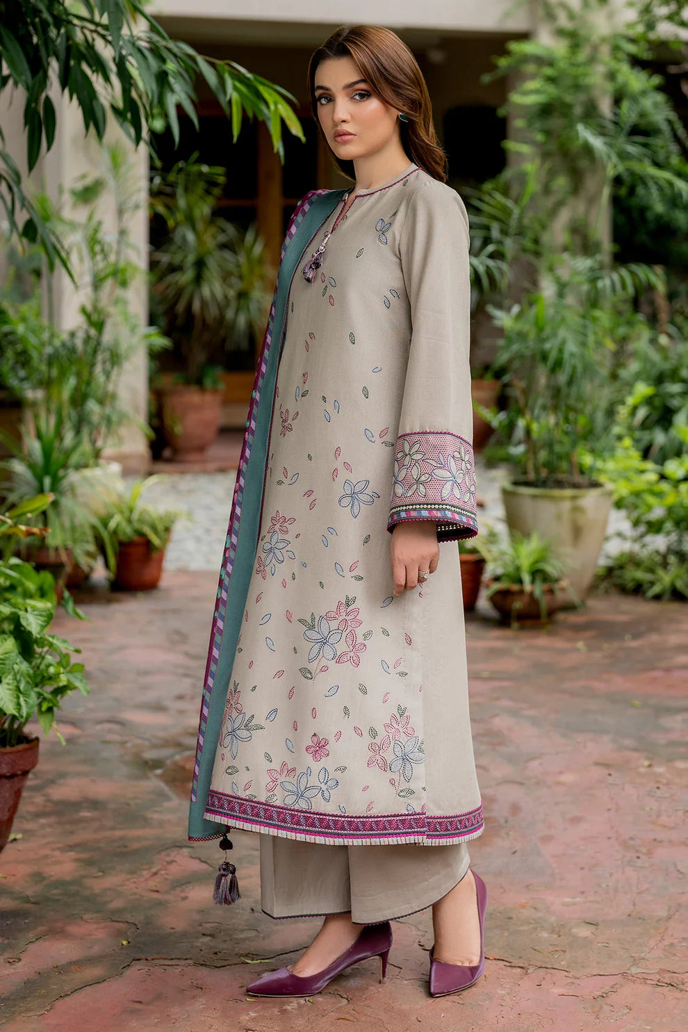 JAZMIN-3PC DHANAK EMBROIDRED SHIRT WITH WOOL PRINT SHAWL AND TROUSER-TANA-1681