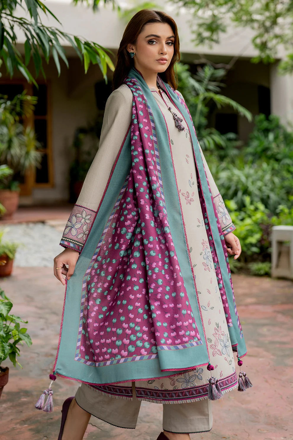 JAZMIN-3PC DHANAK EMBROIDRED SHIRT WITH WOOL PRINT SHAWL AND TROUSER-TANA-1681