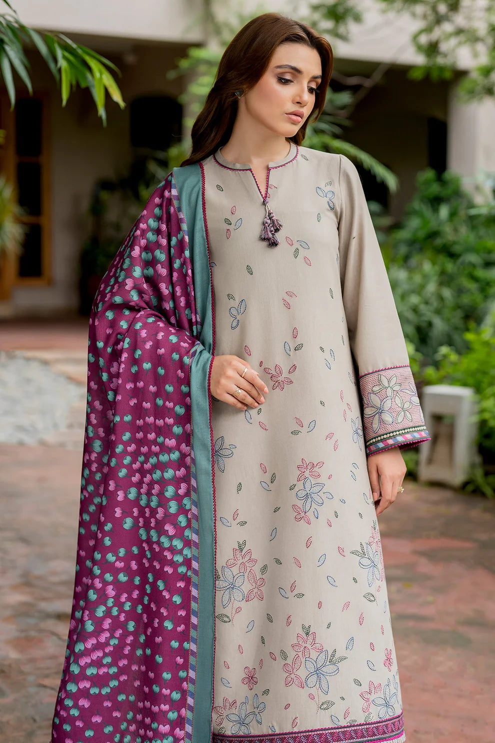 JAZMIN-3PC DHANAK EMBROIDRED SHIRT WITH WOOL PRINT SHAWL AND TROUSER-TANA-1681