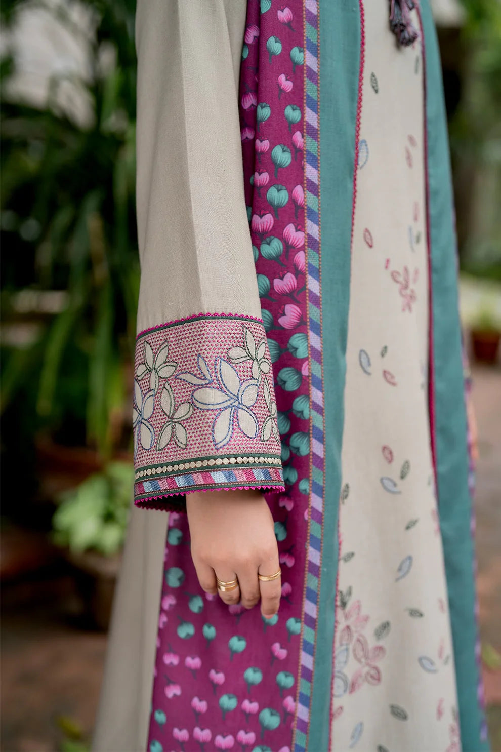JAZMIN-3PC DHANAK EMBROIDRED SHIRT WITH WOOL PRINT SHAWL AND TROUSER-TANA-1681