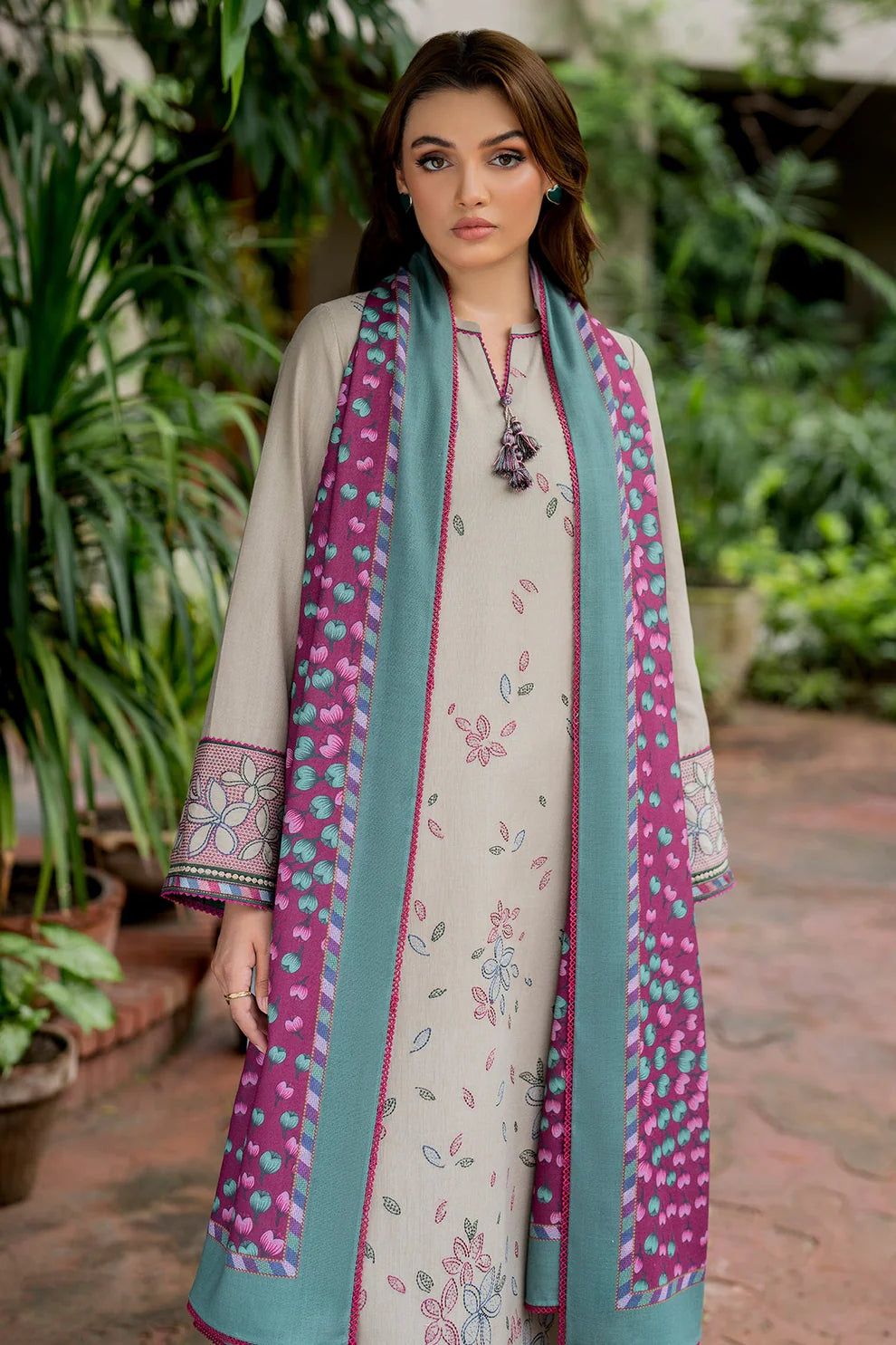 JAZMIN-3PC DHANAK EMBROIDRED SHIRT WITH WOOL PRINT SHAWL AND TROUSER-TANA-1681