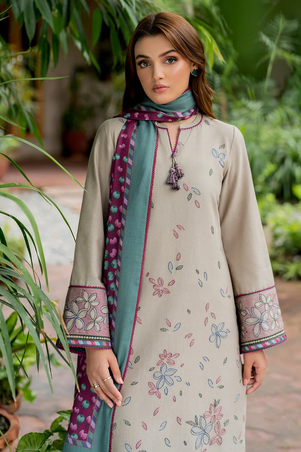 JAZMIN-3PC DHANAK EMBROIDRED SHIRT WITH WOOL PRINT SHAWL AND TROUSER-TANA-1681