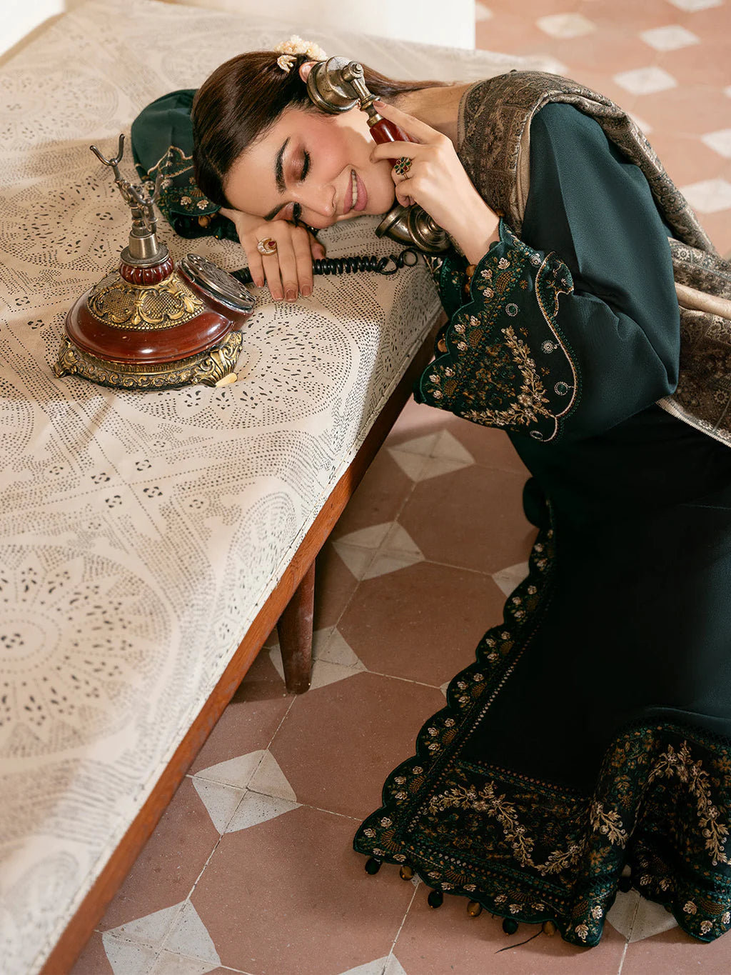 IZEL-3PC DHANAK EMBROIDERED SHIRT WITH COURTRAI WOOL PRINT SHAWL AND TROUSER-UR-4390