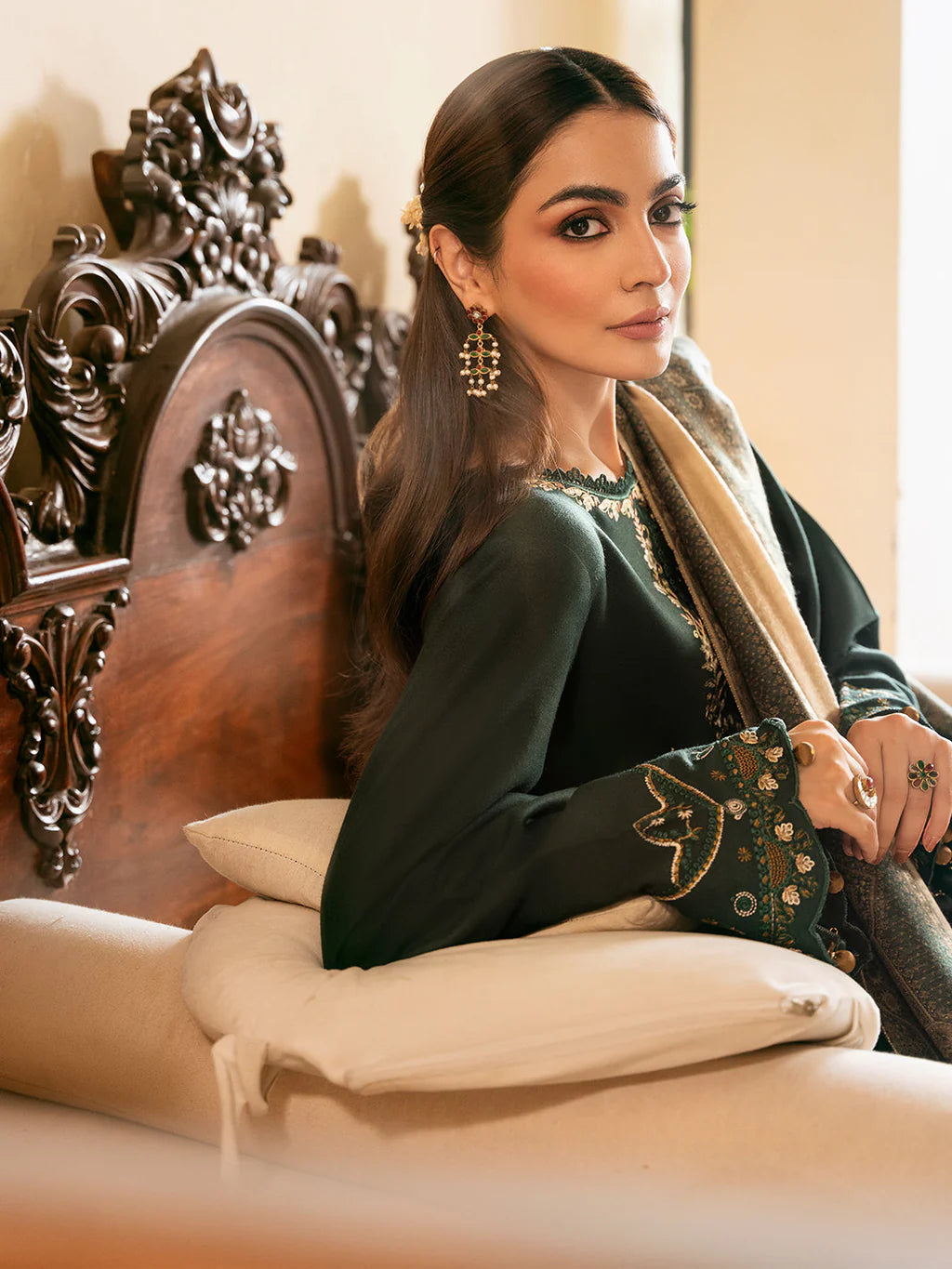 IZEL-3PC DHANAK EMBROIDERED SHIRT WITH COURTRAI WOOL PRINT SHAWL AND TROUSER-UR-4390