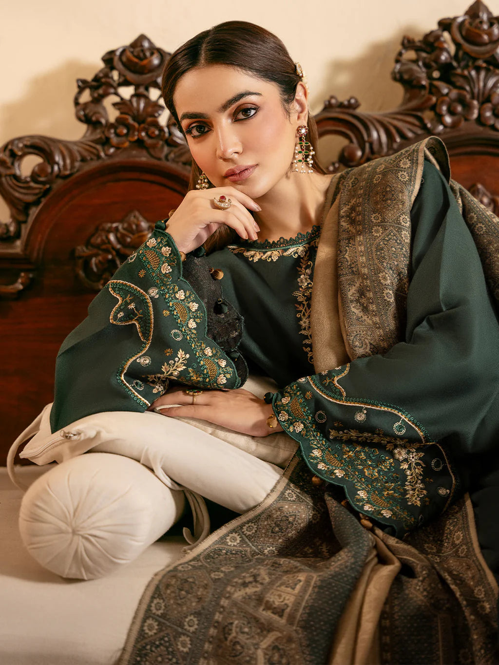 IZEL-3PC DHANAK EMBROIDERED SHIRT WITH COURTRAI WOOL PRINT SHAWL AND TROUSER-UR-4390
