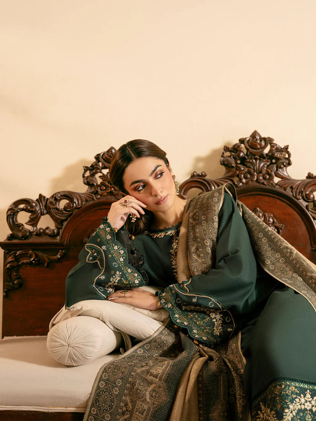 IZEL-3PC DHANAK EMBROIDERED SHIRT WITH COURTRAI WOOL PRINT SHAWL AND TROUSER-UR-4390