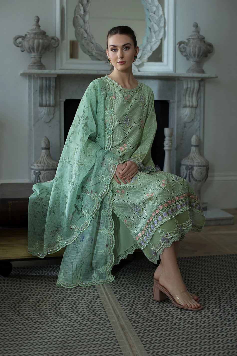 SOBIA NAZIR-3PC LAWN EMBROIDERED SHIRT WITH CHIFFON PRINTED EMB DUPATTA AND TROUSER-UR-4532