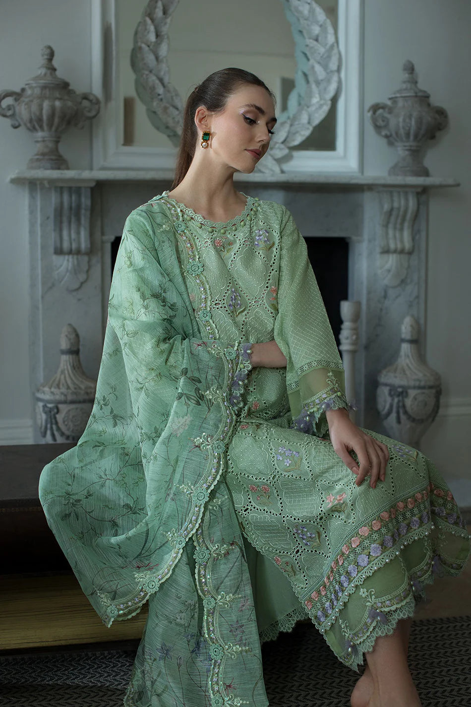 SOBIA NAZIR-3PC LAWN EMBROIDERED SHIRT WITH CHIFFON PRINTED EMB DUPATTA AND TROUSER-UR-4532