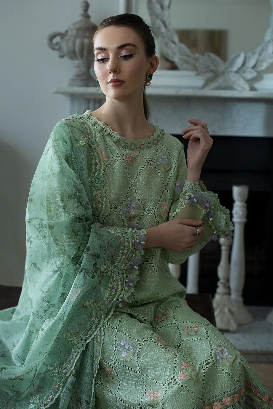 SOBIA NAZIR-3PC LAWN EMBROIDERED SHIRT WITH CHIFFON PRINTED EMB DUPATTA AND TROUSER-UR-4532